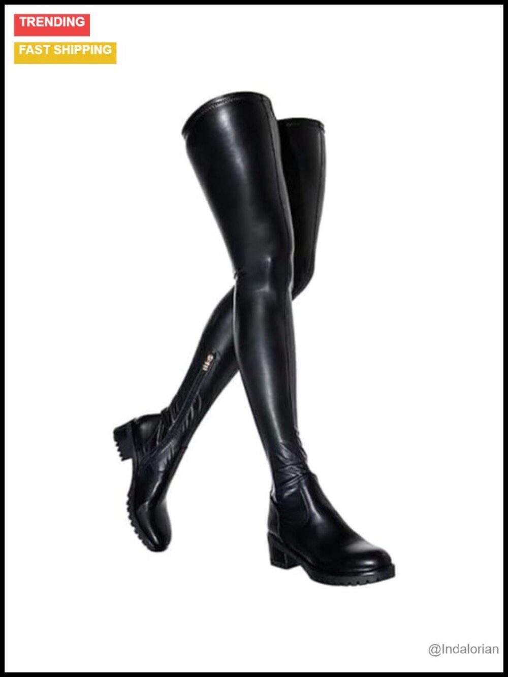 Over The Knee Chunky Heel Slip On Faux Leather Stretch Thigh High Boots